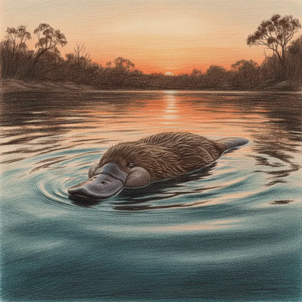 El ornitorrinco flotando en la superficie del río con las mejillas llenas de comida.