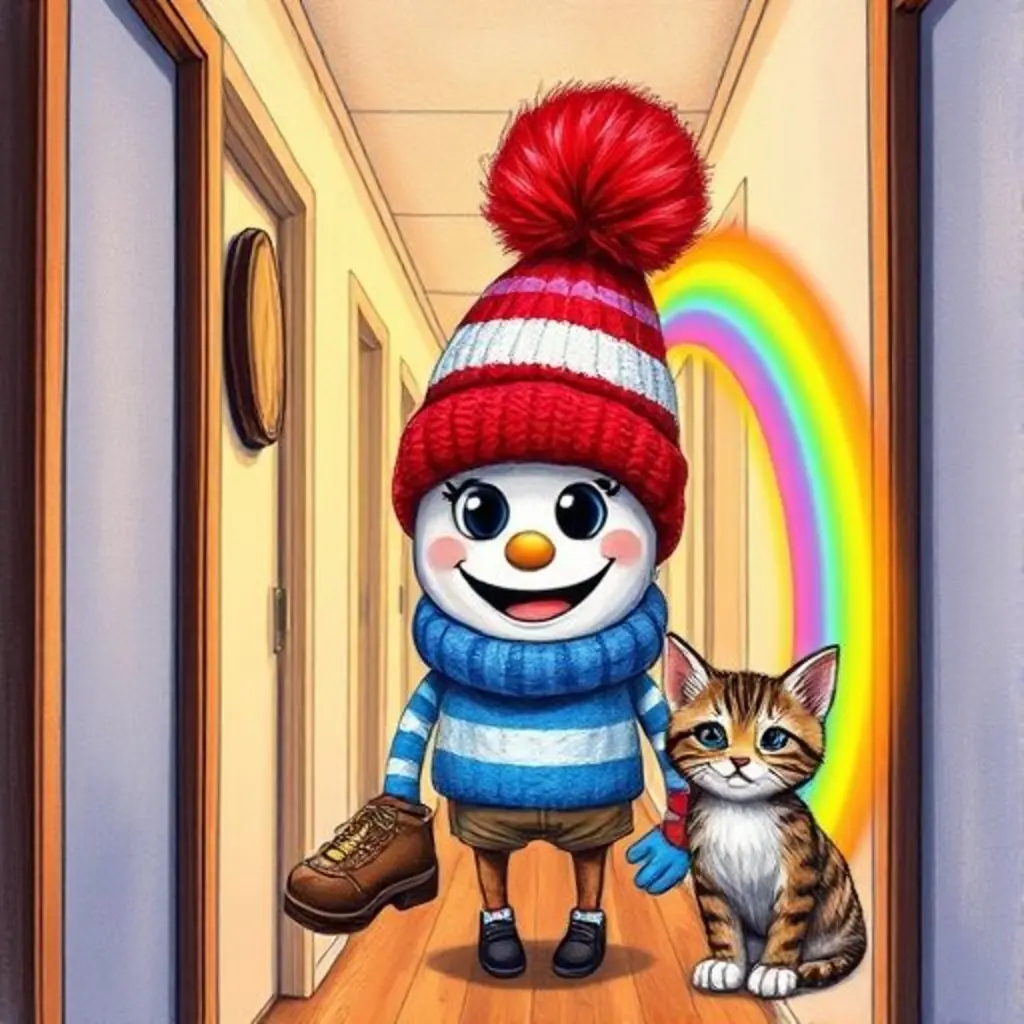 El pasillo brilla con arcoíris invisibles creados por Gorro Lindo, un zapato y un gatito están felices.