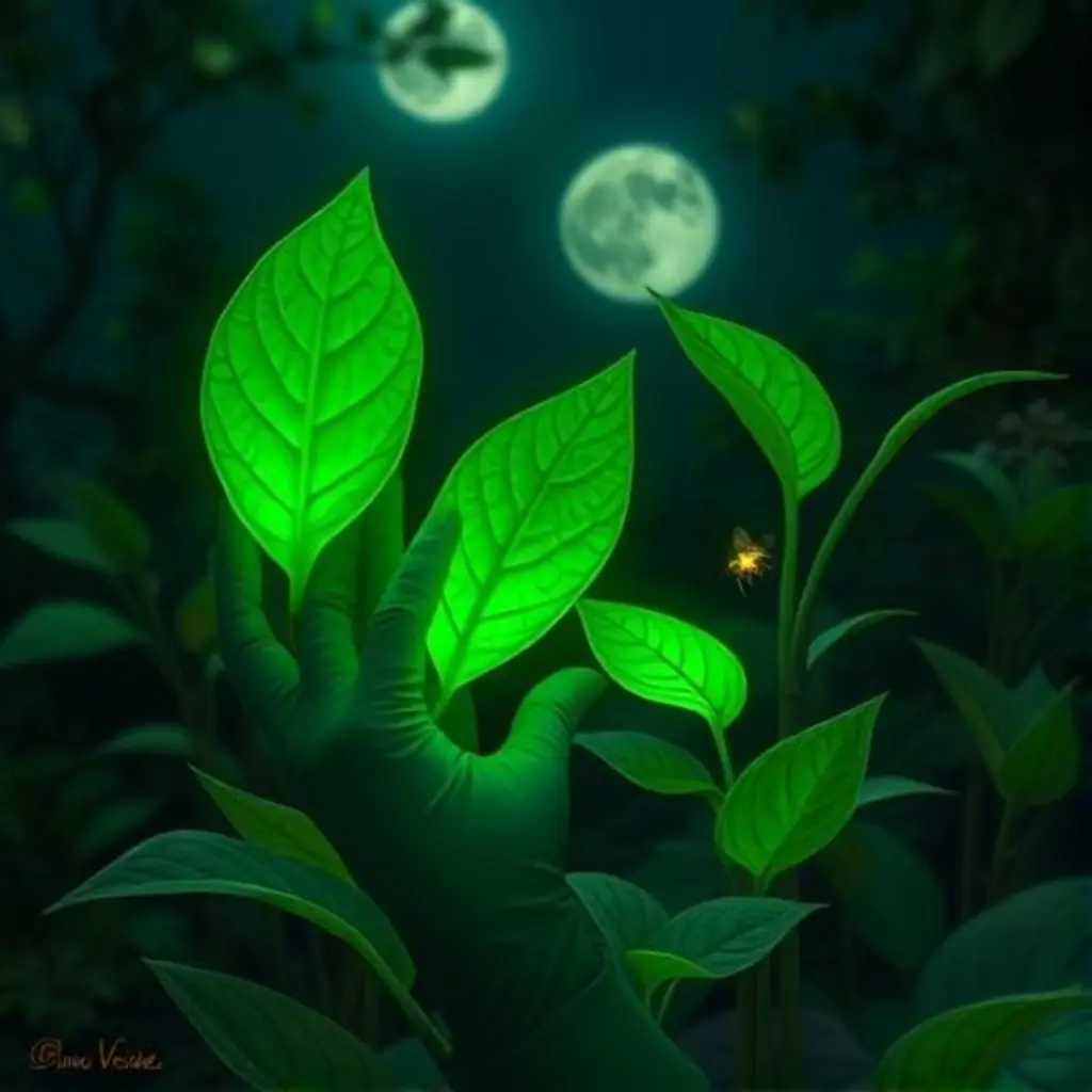 Mano Verde toca tres hojas, que brillan con un verde intenso, mientras una luciérnaga lo observa.