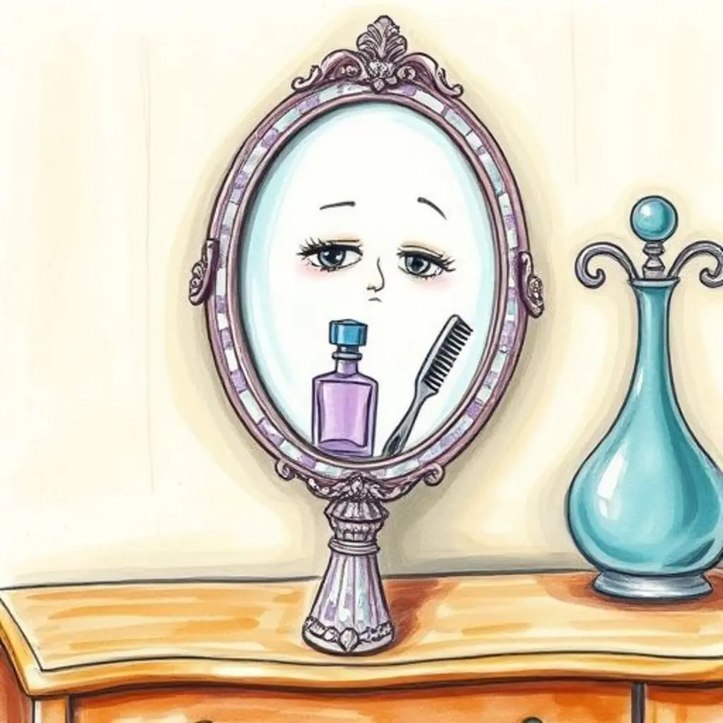 Espejito Reluciente, un espejo de mano con marco de nácar, en un tocador.