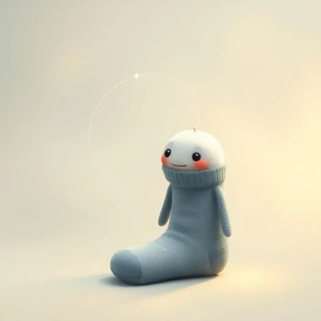 Costurín, el botón, hace girar un hilo invisible para cerrar el agujero de Calcín, el calcetín, que se ve sorprendido y feliz.