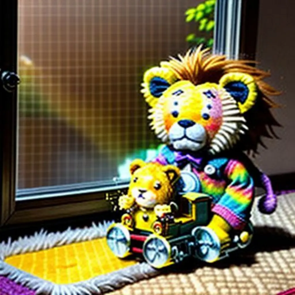 Leo, un león de peluche triste, busca su botón perdido.