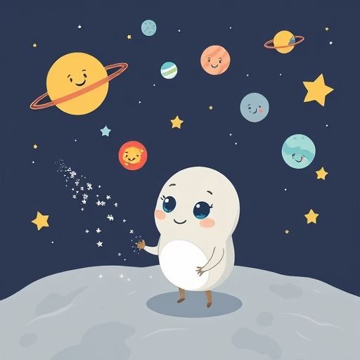 Lunita Polvo felizmente esparce brillo de aventura en un sueño, que ahora es una hermosa y segura aventura espacial, con el Señor Nebulosa observando.