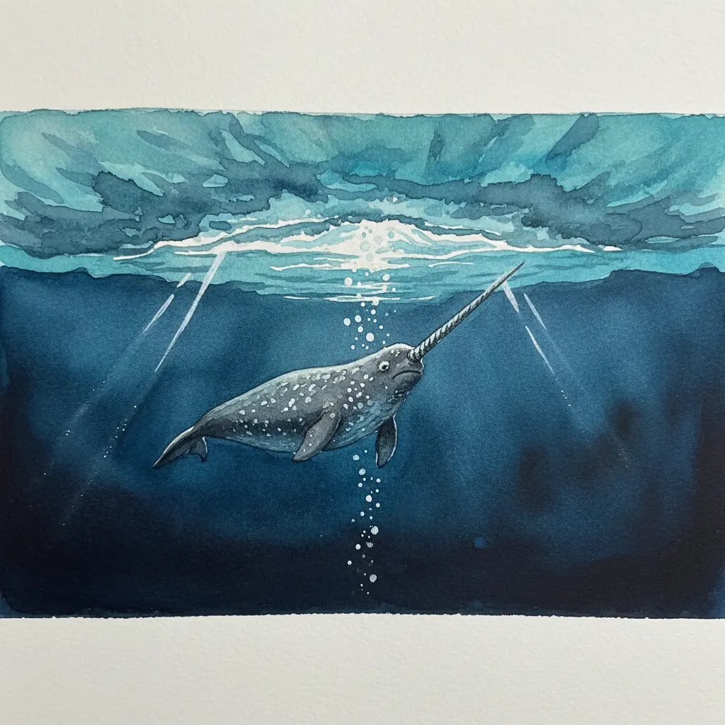 Un narval de piel manchada nadando bajo una gruesa capa de hielo azulado.