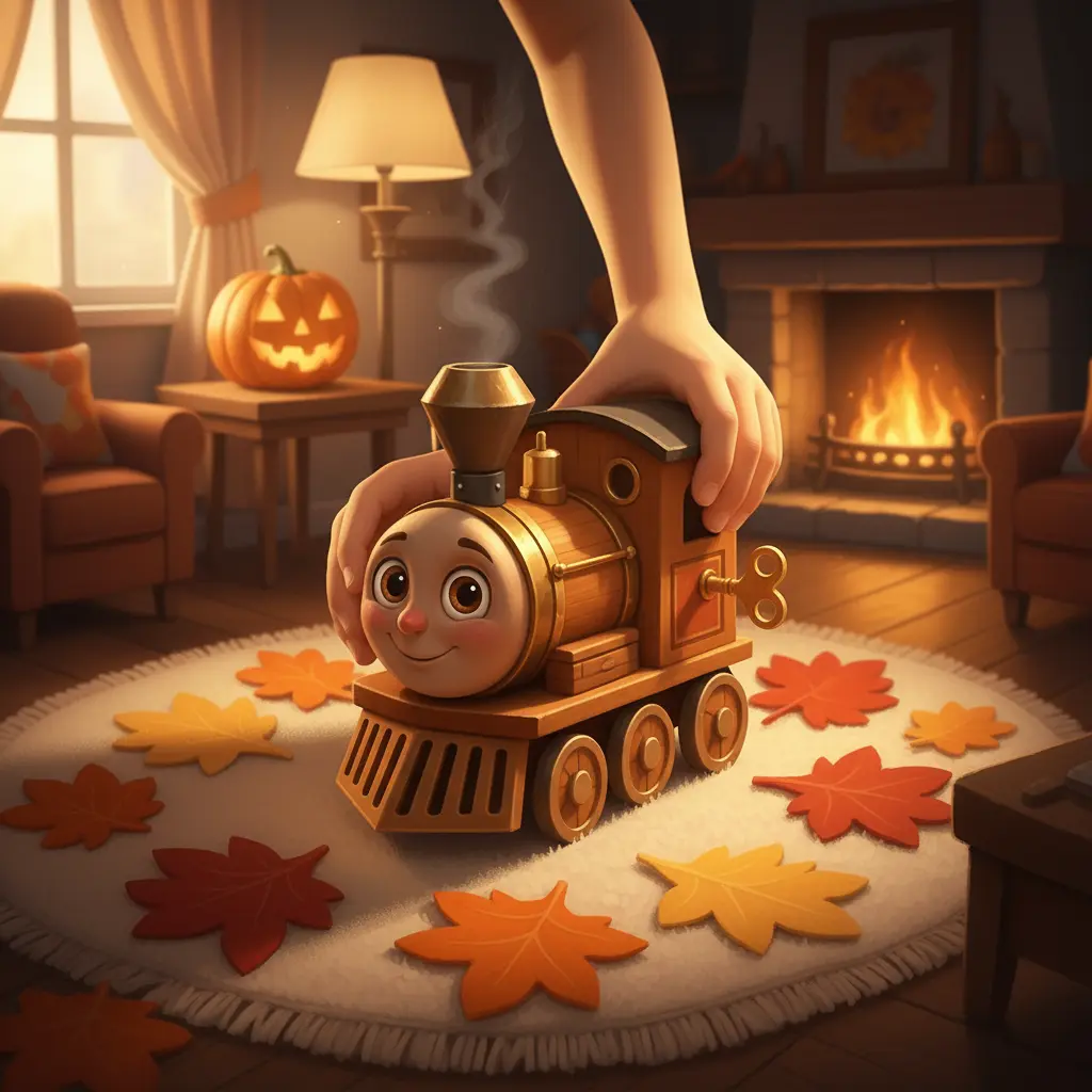 Las manos de un niño colocan a Silbato Alegre sobre una alfombra con dibujos de hojas de otoño.