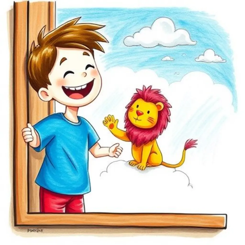 Leo ríe alegremente mientras el pajarito y el león de nube, ya a salvo, se despiden desde una nube esponjosa en un cielo despejado.