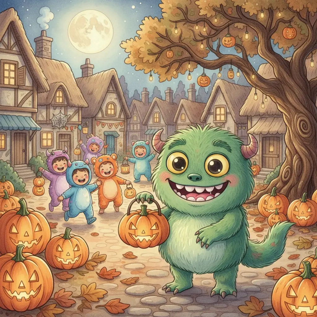 Peludín, un monstruo verde y peludo, asoma la cabeza por debajo de una cama, mirando con ojos saltones y una sonrisa traviesa mientras un rayo de luna ilumina un montón de ropa de niño.