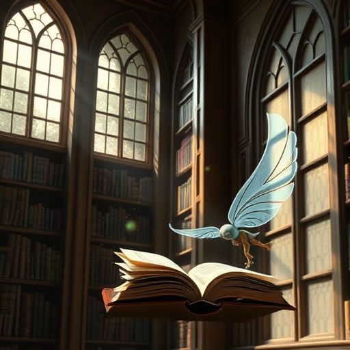 Miro, un susurro brillante, explora una biblioteca antigua, mientras Silente el marcapáginas lo observa.