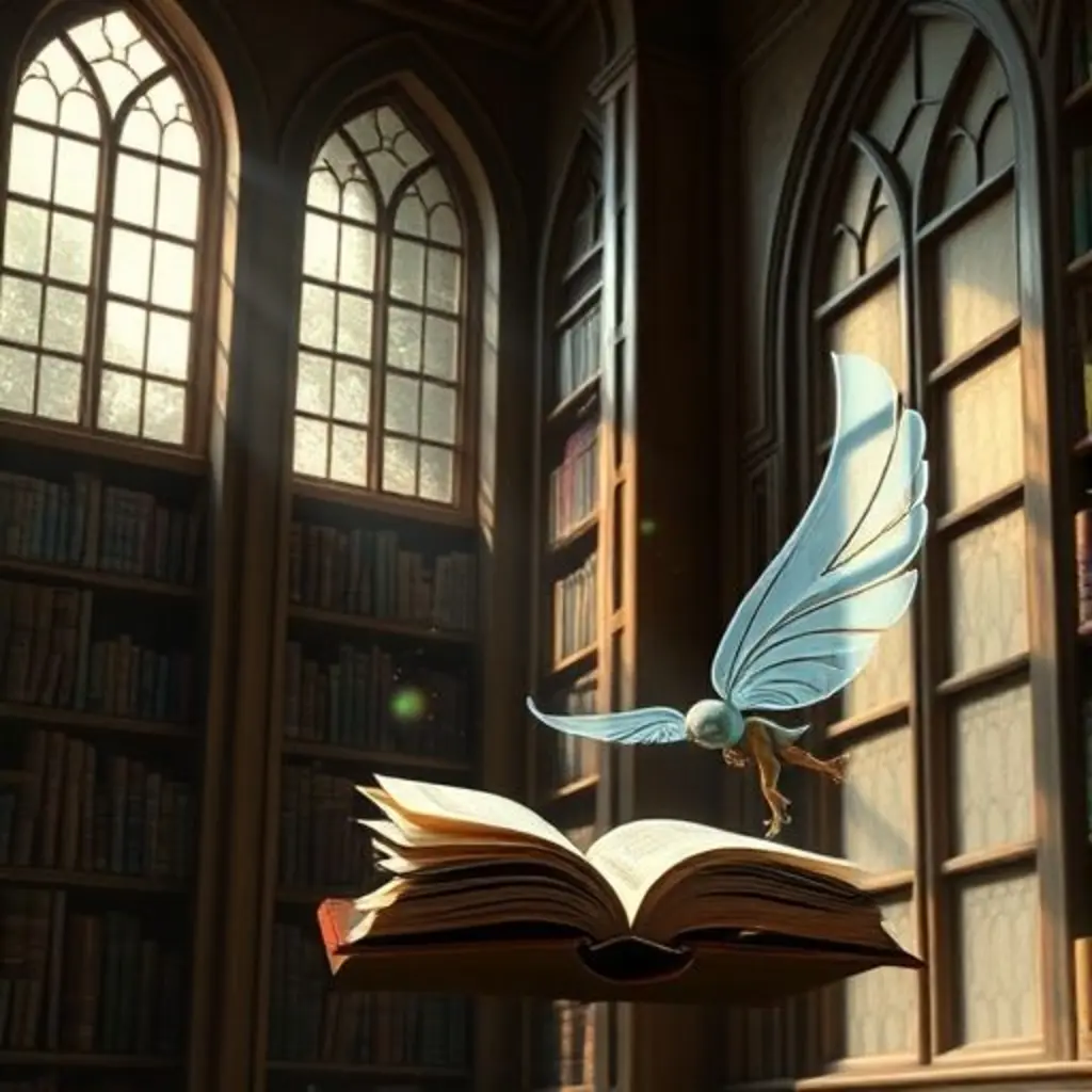 Miro, un susurro brillante, explora una biblioteca antigua, mientras Silente el marcapáginas lo observa.