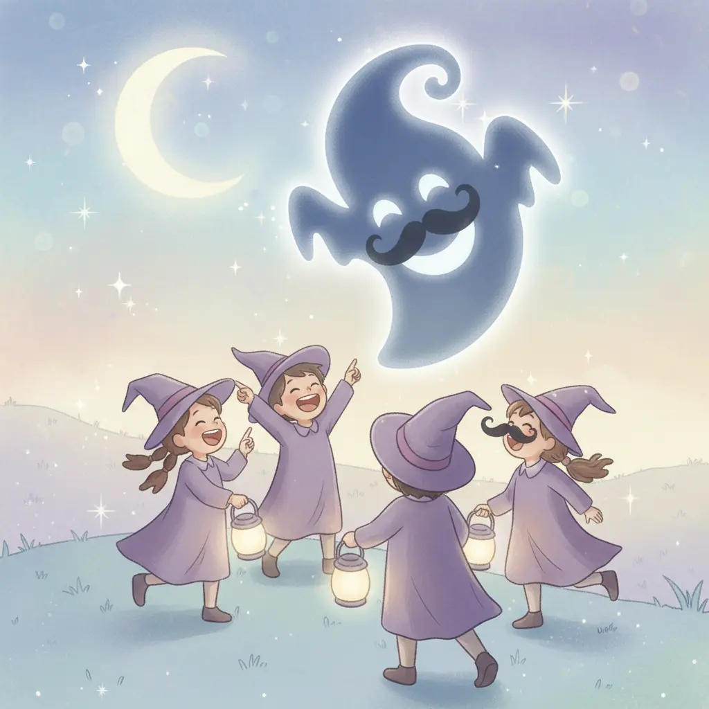 La Sombra Juguetona dibuja bigotes y sonrisas divertidas en las caras de los niños con la luz de la luna, provocando risas.