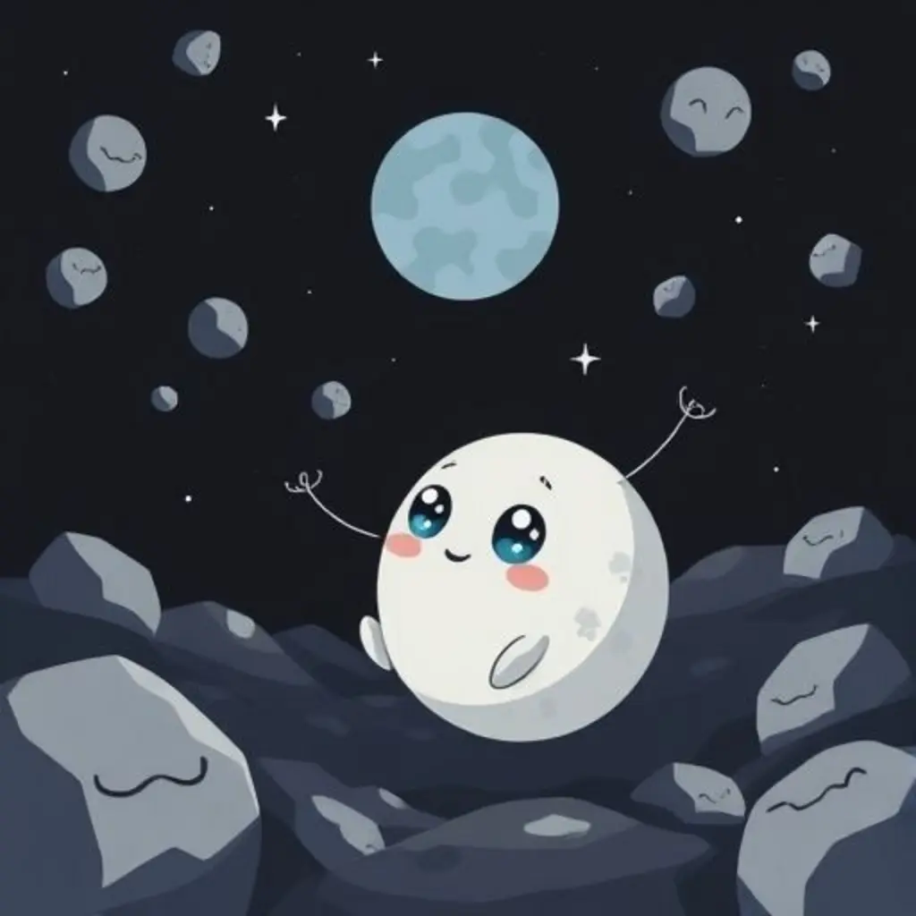 Lunita Polvo, una mota de polvo lunar, flotando feliz en un cráter de la Luna, con rocas cantando y cráteres riendo a su alrededor.