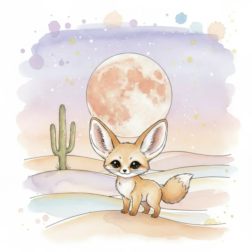 Un pequeño zorro fénec completo y feliz bajo la luna del desierto.