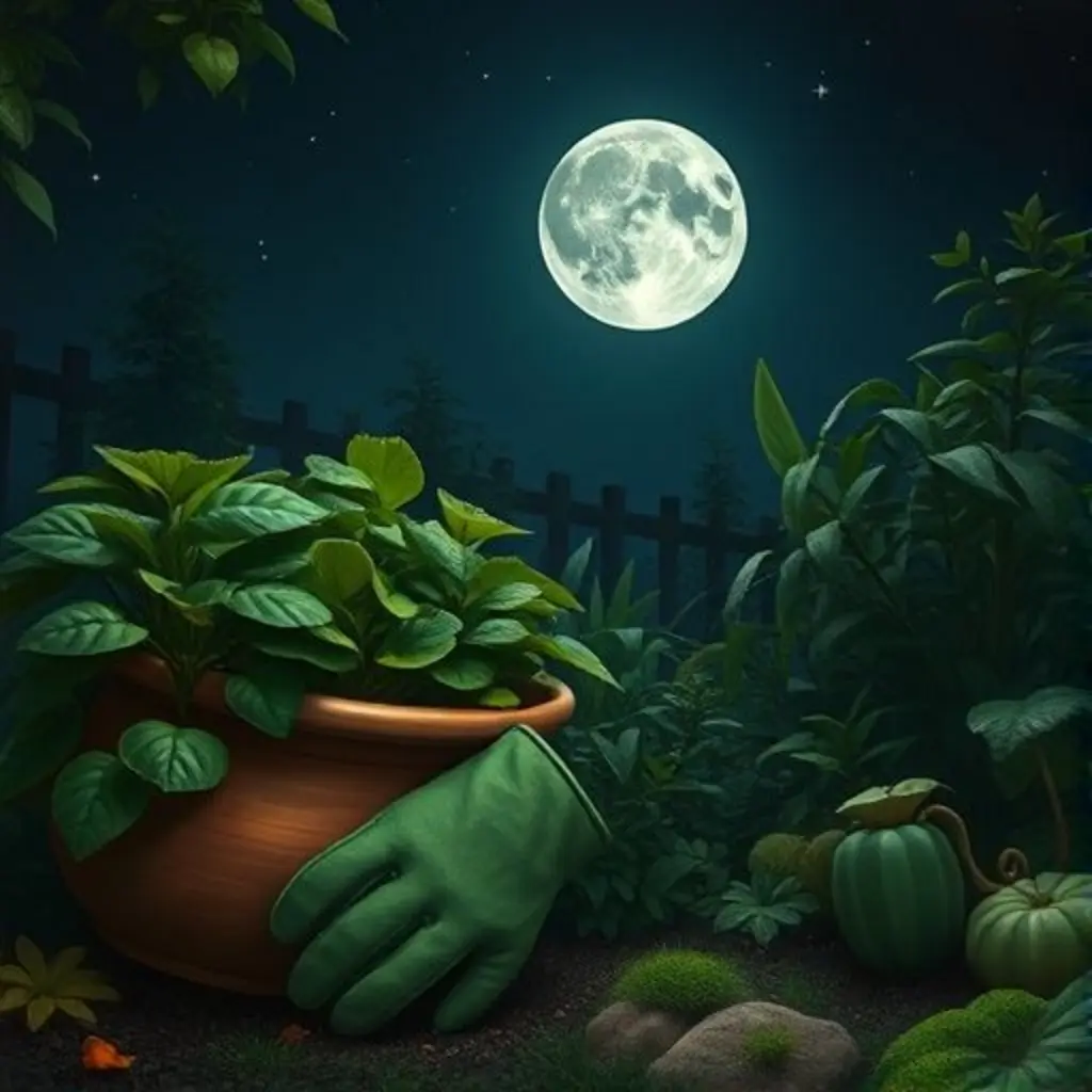 Mano Verde, un guante verde, descansa olvidado en un jardín nocturno bajo la luz de la luna.