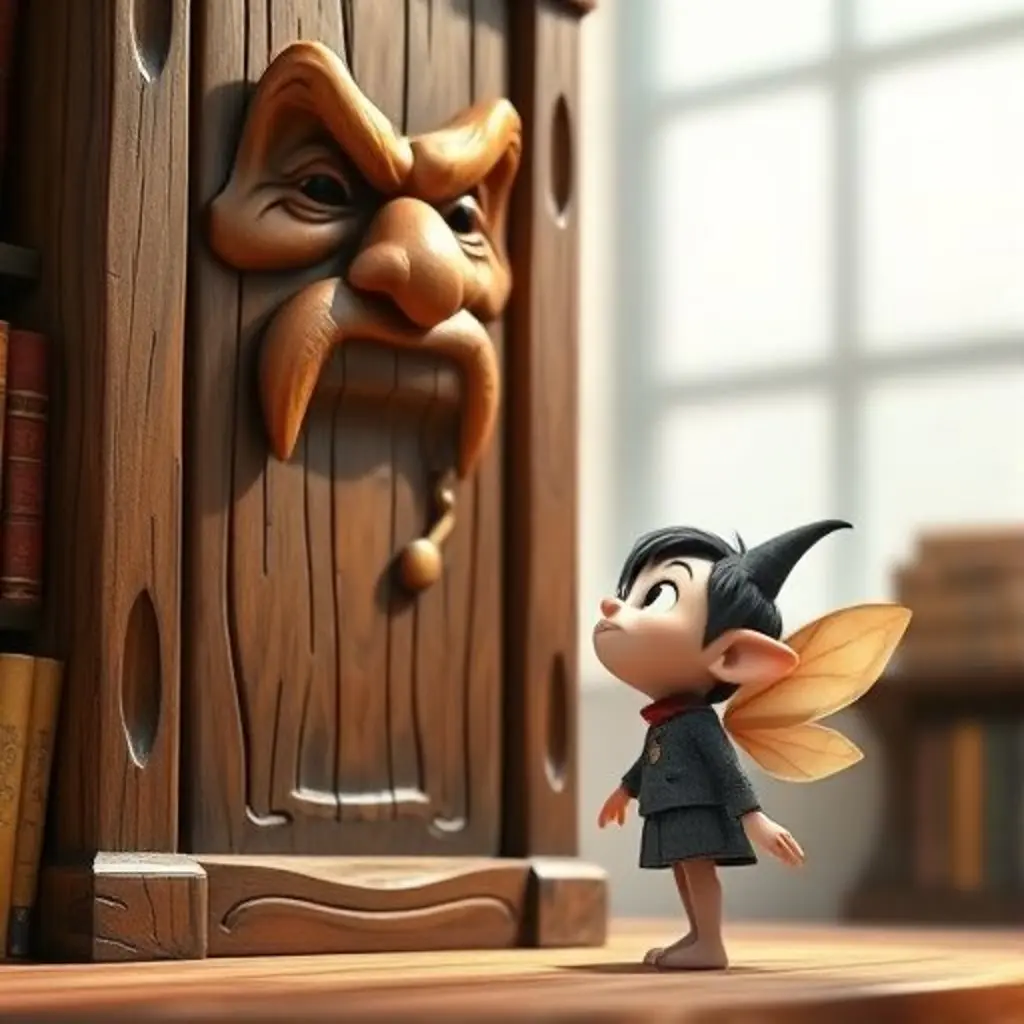 Tecorbellón preguntando a una estantería personificada por el libro legendario.