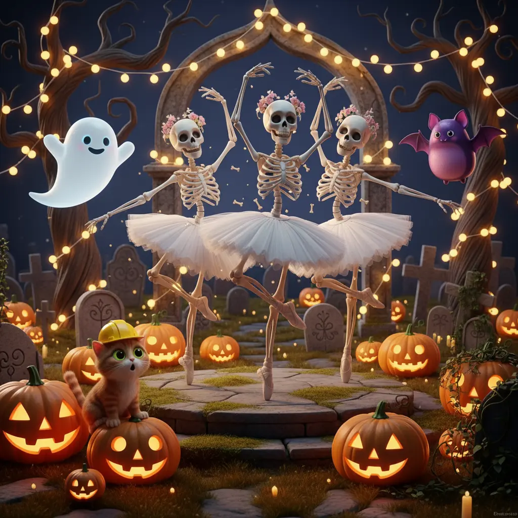 Tres calaveras bailarinas con huesos cayéndose y un gato con casco en un cementerio.