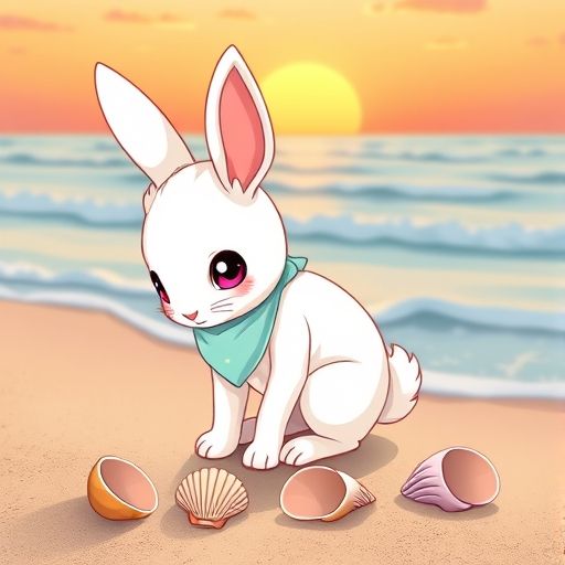 Retonejo, un conejito-concha, buscando conchas en la arena al atardecer.