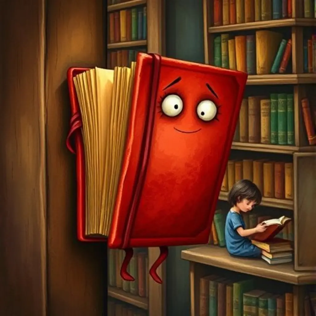 Libro Saltarín, un libro rojo con ojos grandes, mira con tristeza desde un estante alto de la biblioteca.