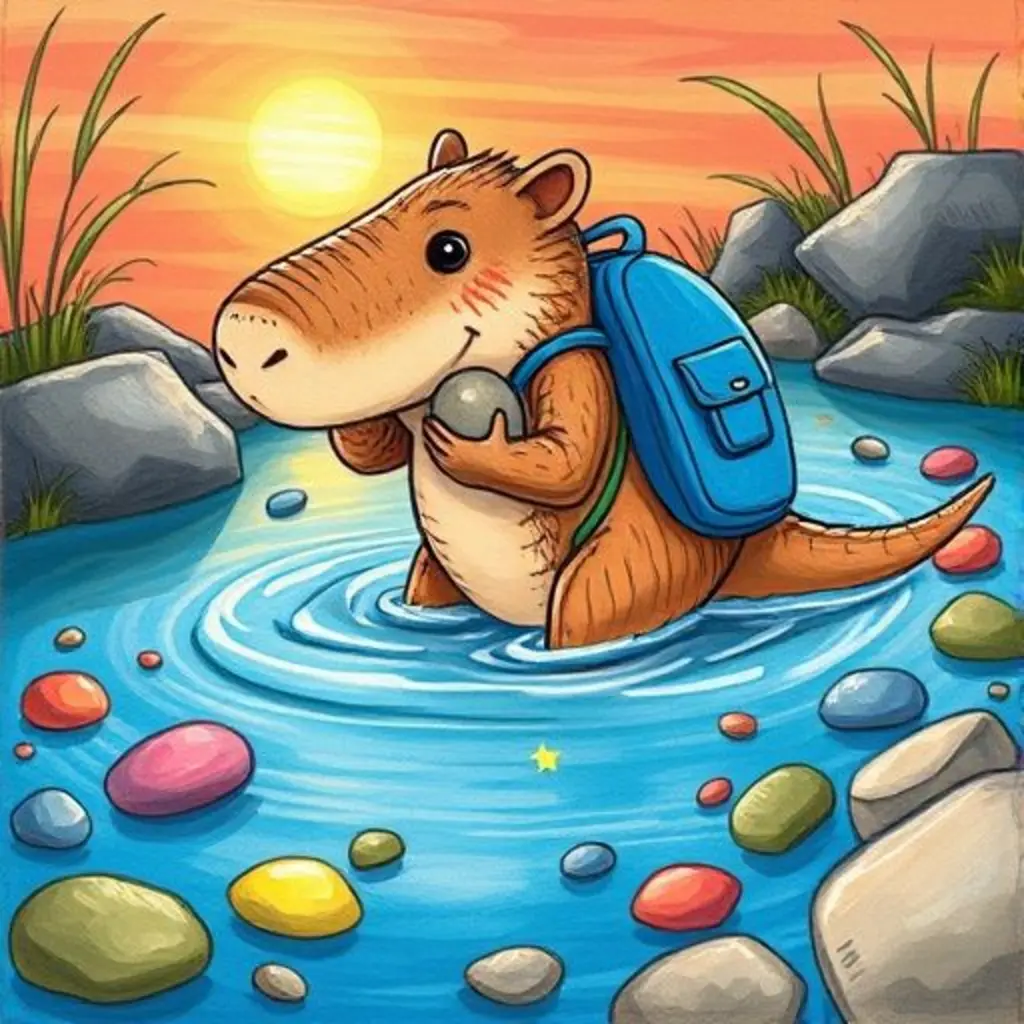 Rolo chapotea feliz en el arroyo secreto al atardecer.