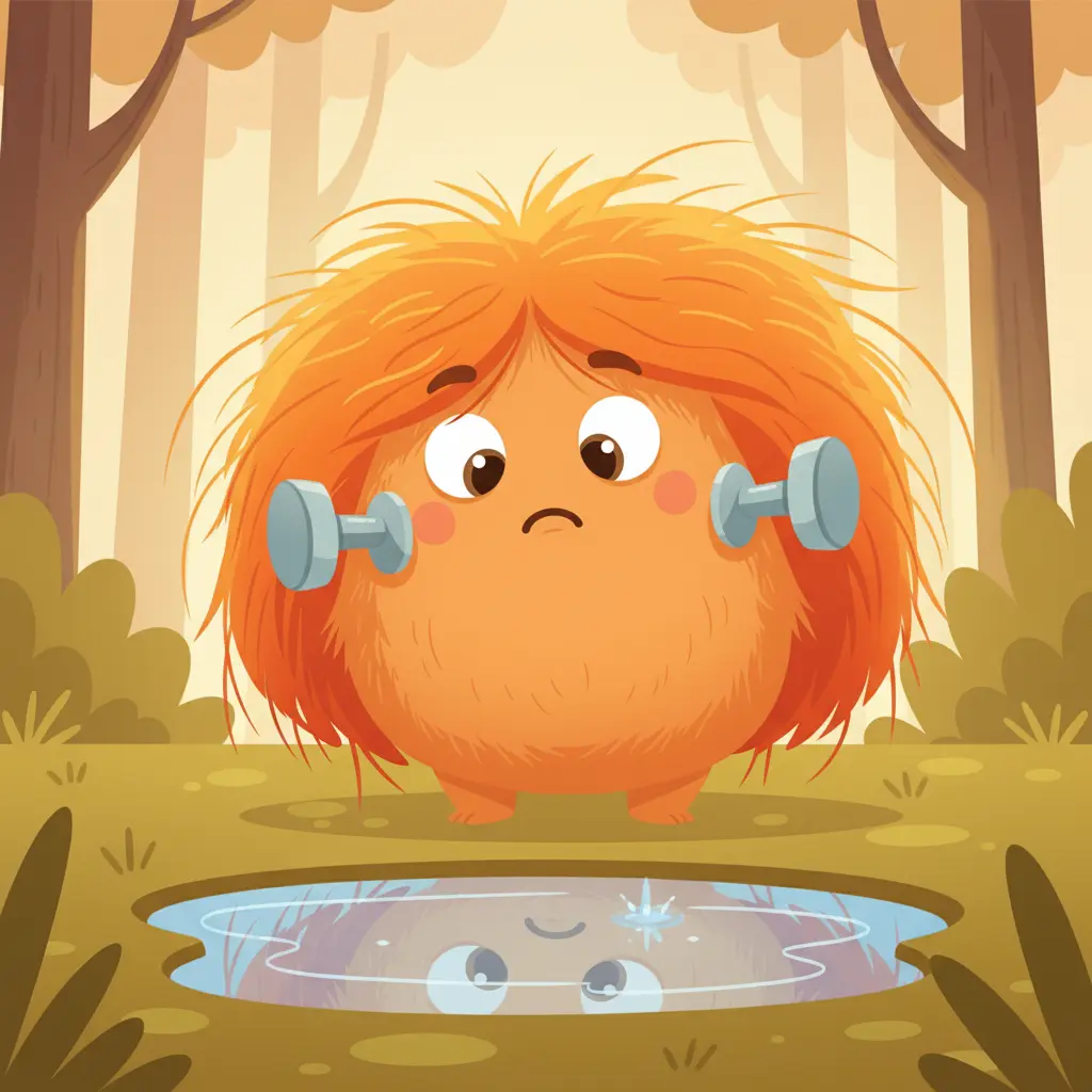 Franki, un monstruo amigable con tornillos en el cuello, se mira en un charco de rocío, sorprendido por su pelo revuelto antes de la fiesta.