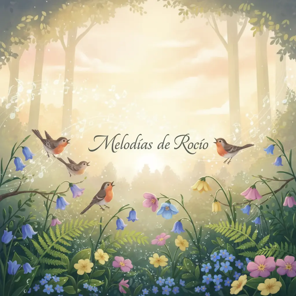 Flores bailan suavemente y pajaritos trinan de alegría mientras las melodías de rocío llenan el aire del bosque.