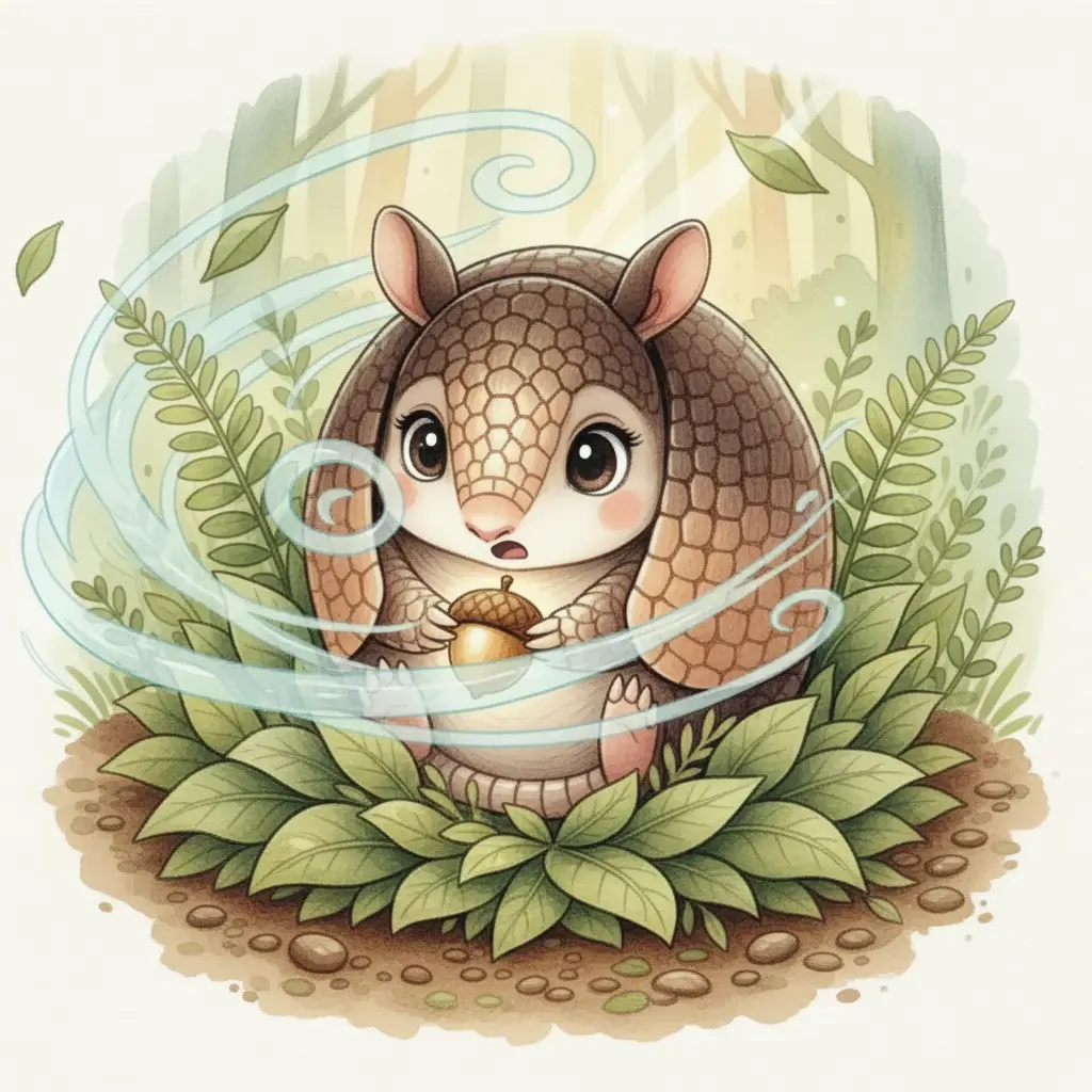 Rodolfo sostiene una bellota brillante que el viento comienza a llevarse.