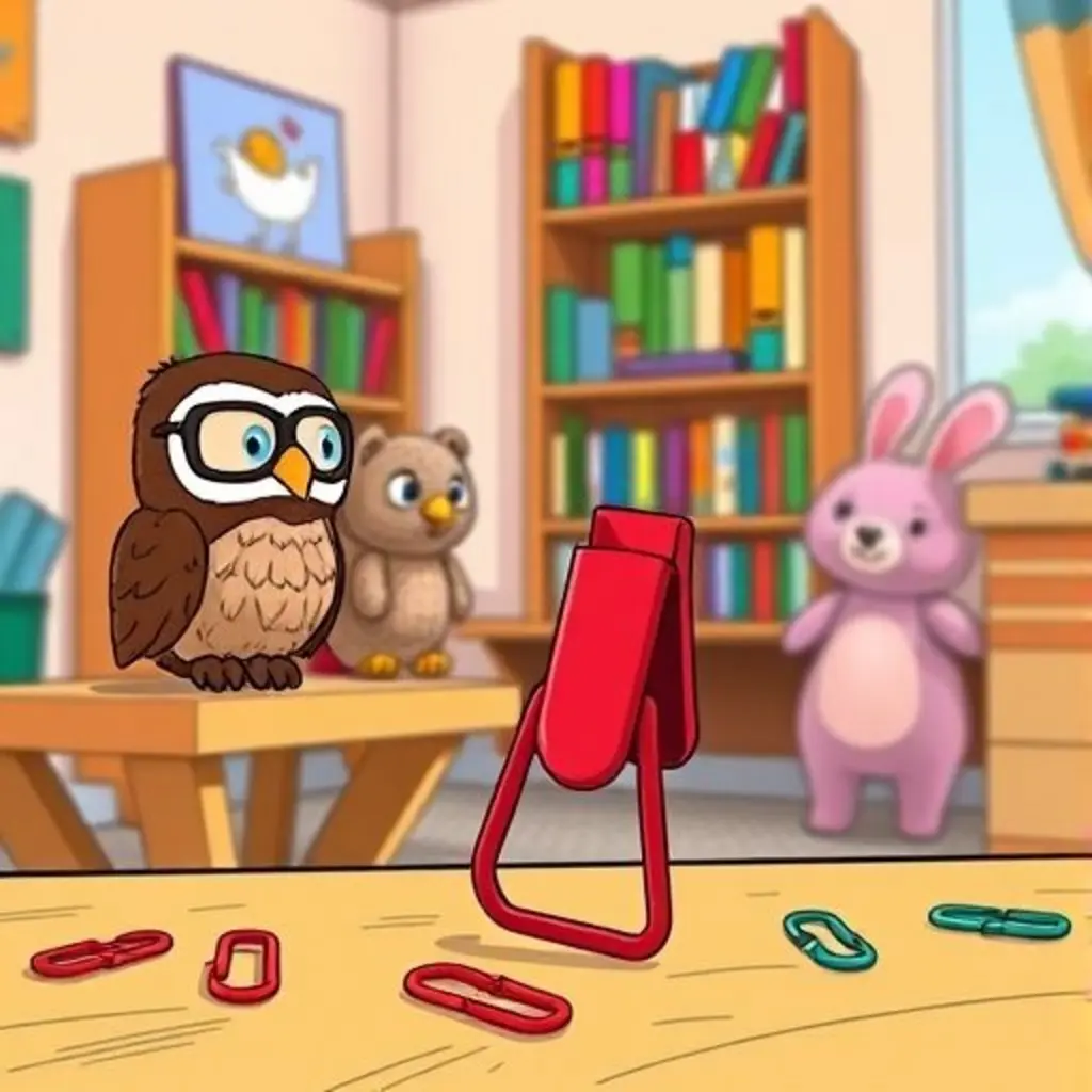 Clipín, un clip rojo, mira a los peluches que no alcanzan los libros.