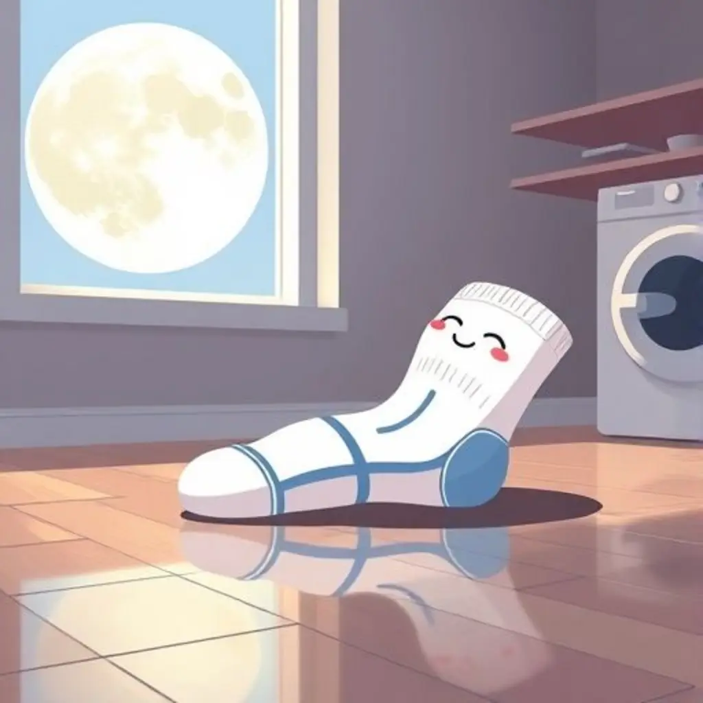 Atleta, el calcetín, descansa suavemente en el suelo de la lavandería, lleno de luces brillantes, sonriendo bajo la luna.