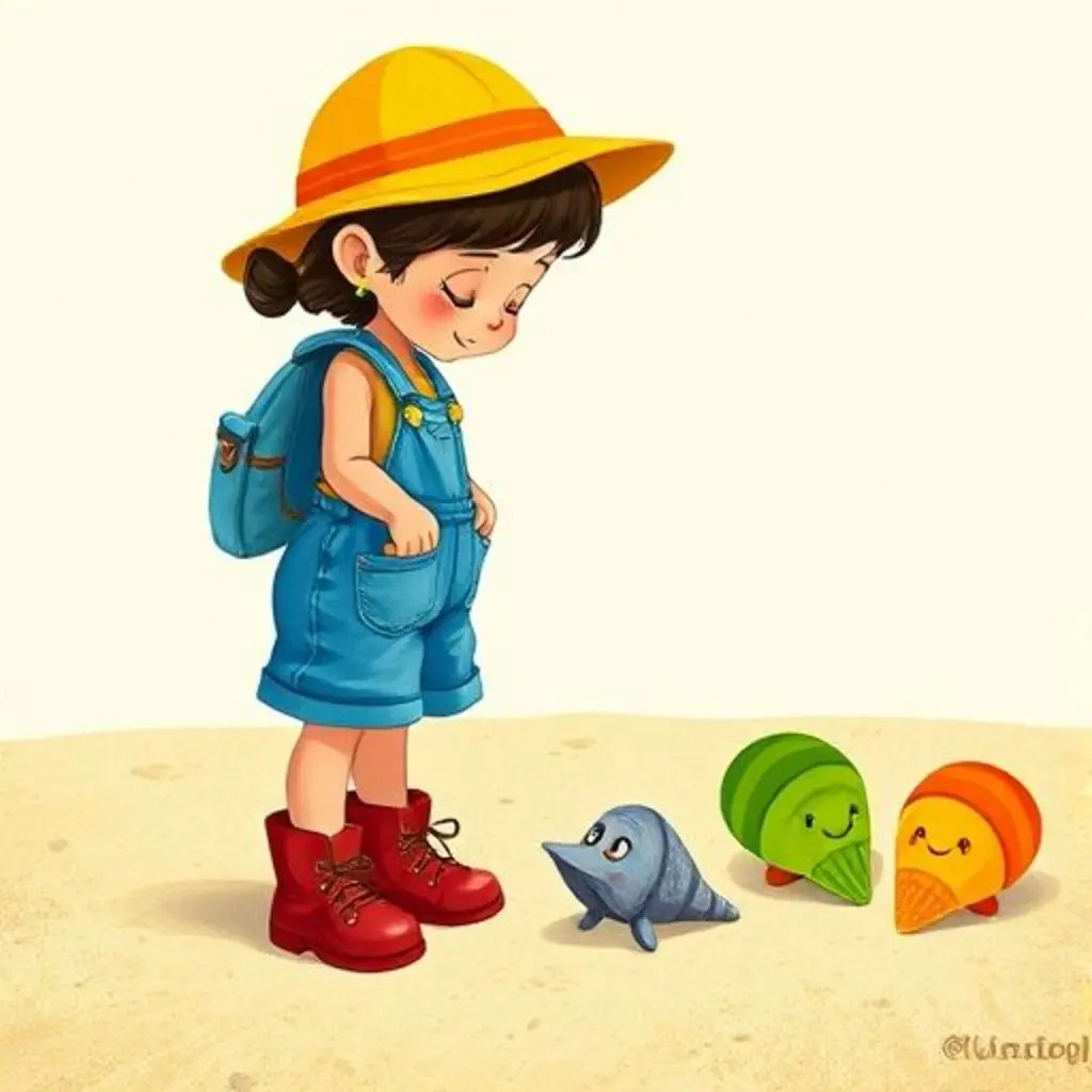 Sofía observa una concha gris triste mientras conchas de colores sonríen a su alrededor.