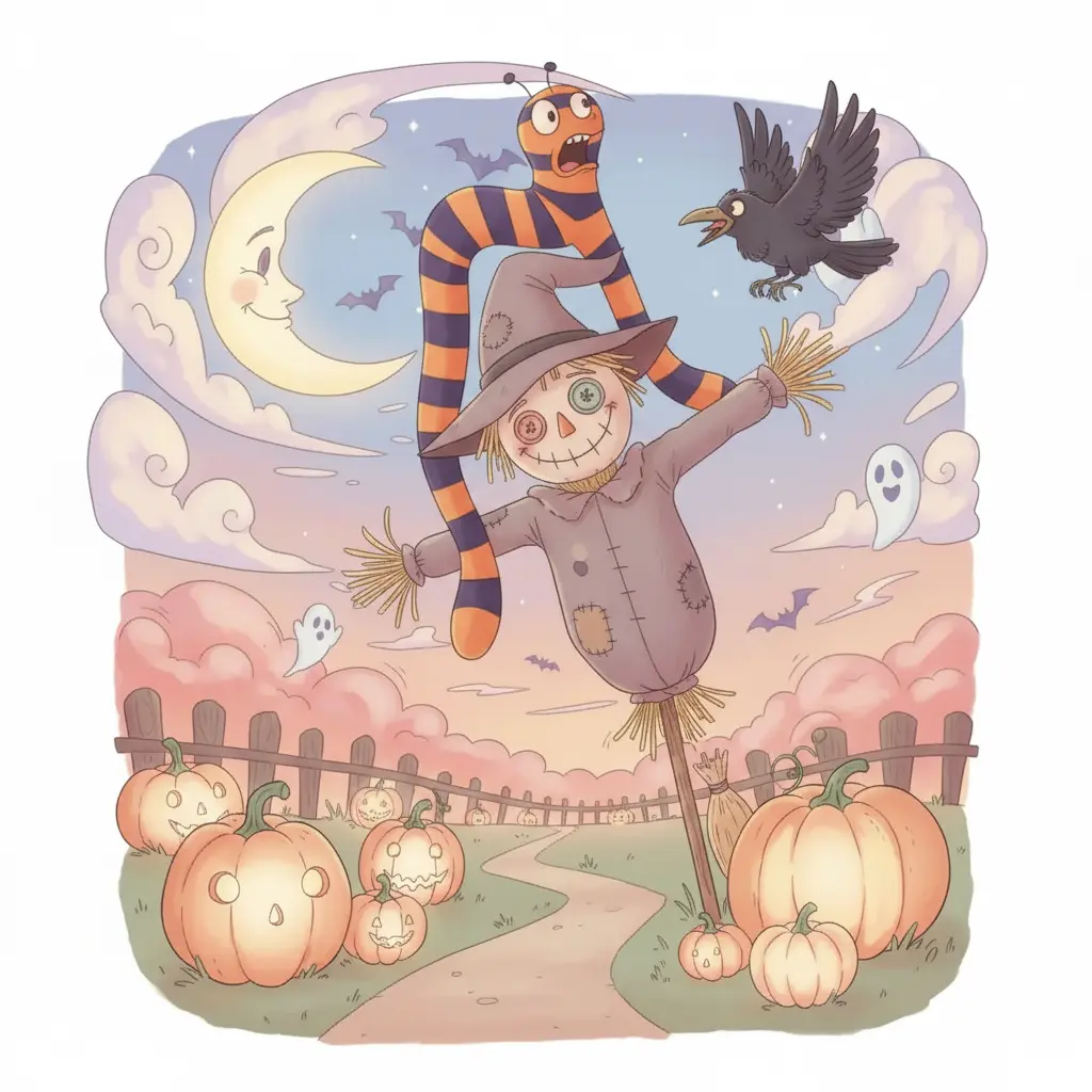 Patoso se resbala y el espantapájaros mueve un brazo de paja cómicamente, asustando a un cuervo riendo.