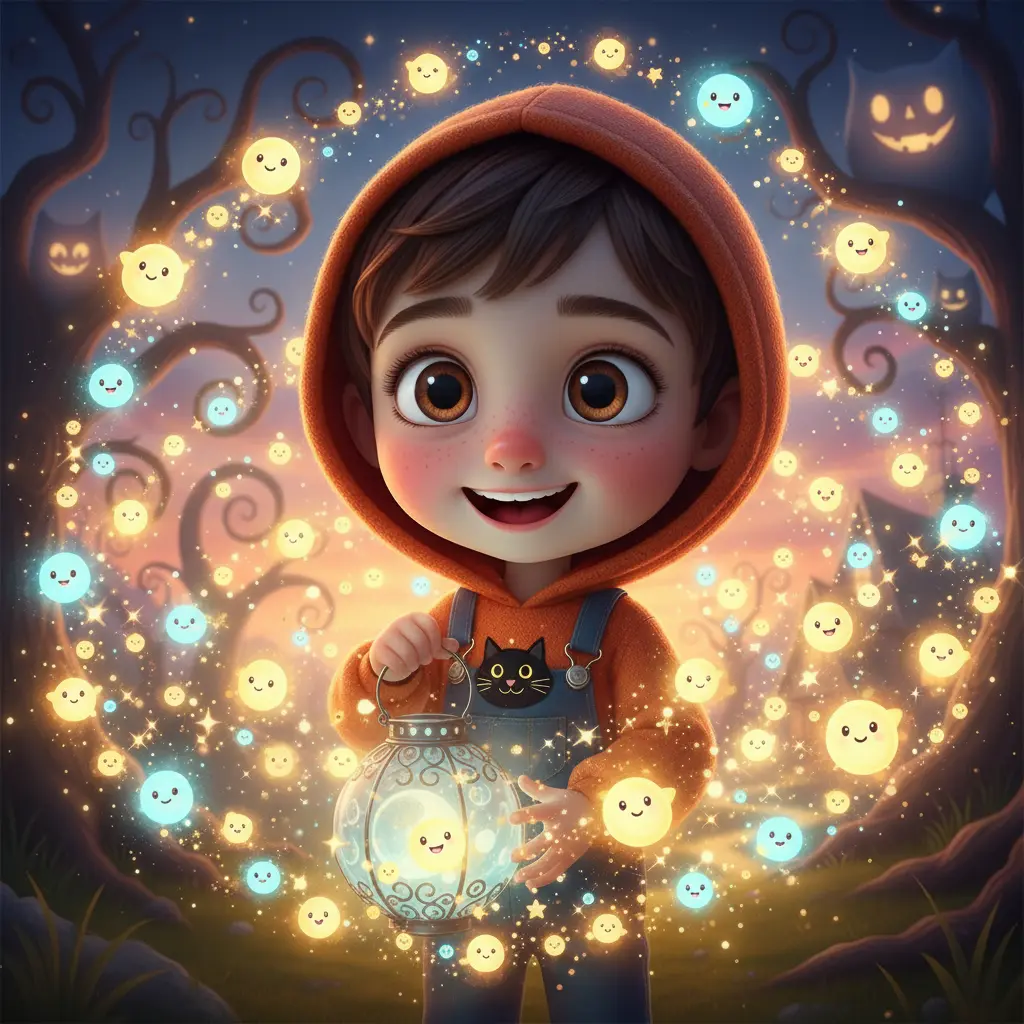 Pedrito sonríe, rodeado de mini estrellas brillantes que bailan.