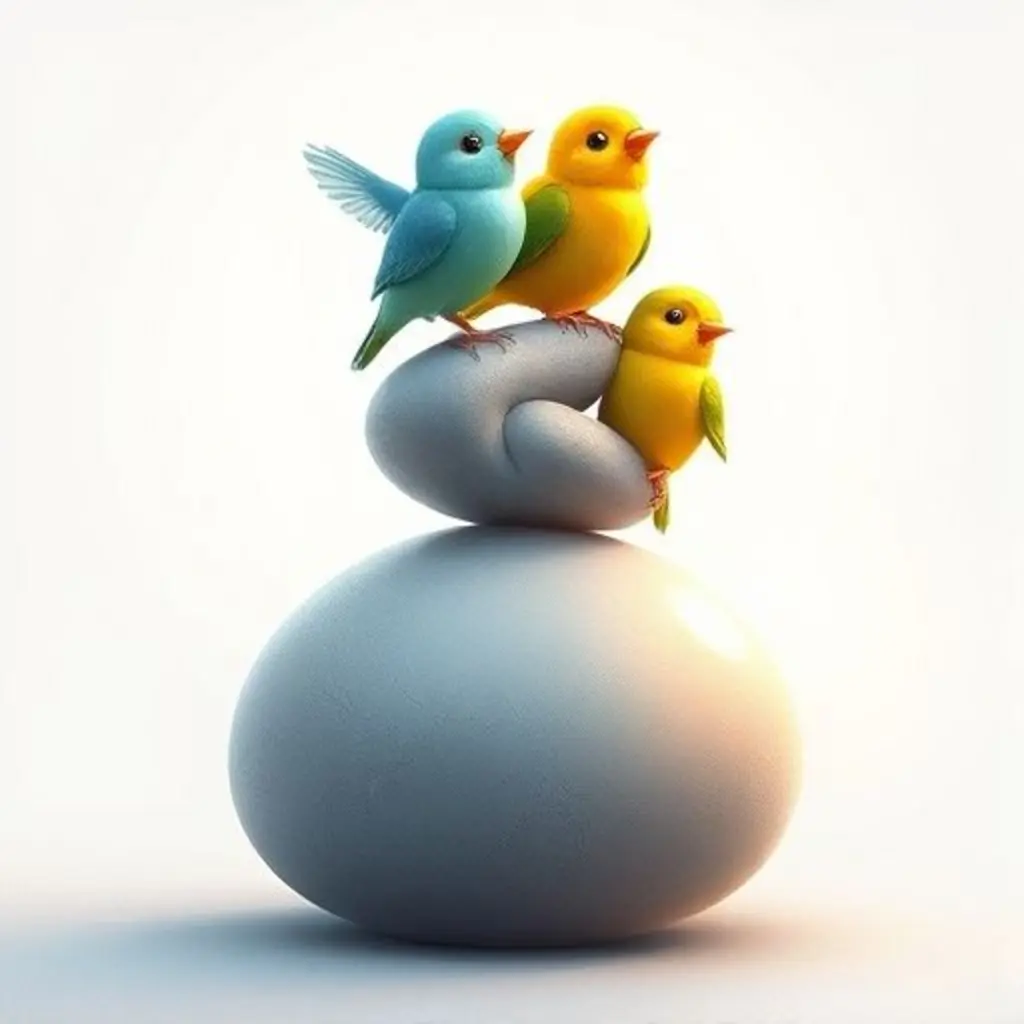 Liso con tres pajaritos de colores apilados encima, muy felices.