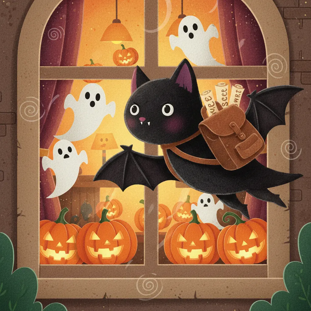 Chirri, un murciélago pequeño con una mochila, flotando emocionado frente a una ventana decorada de Halloween.