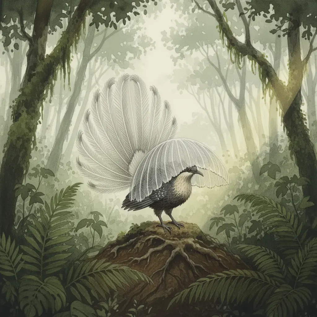 El ave lira caminando hacia las sombras de los helechos mientras un rayo de sol ilumina su escenario vacío.