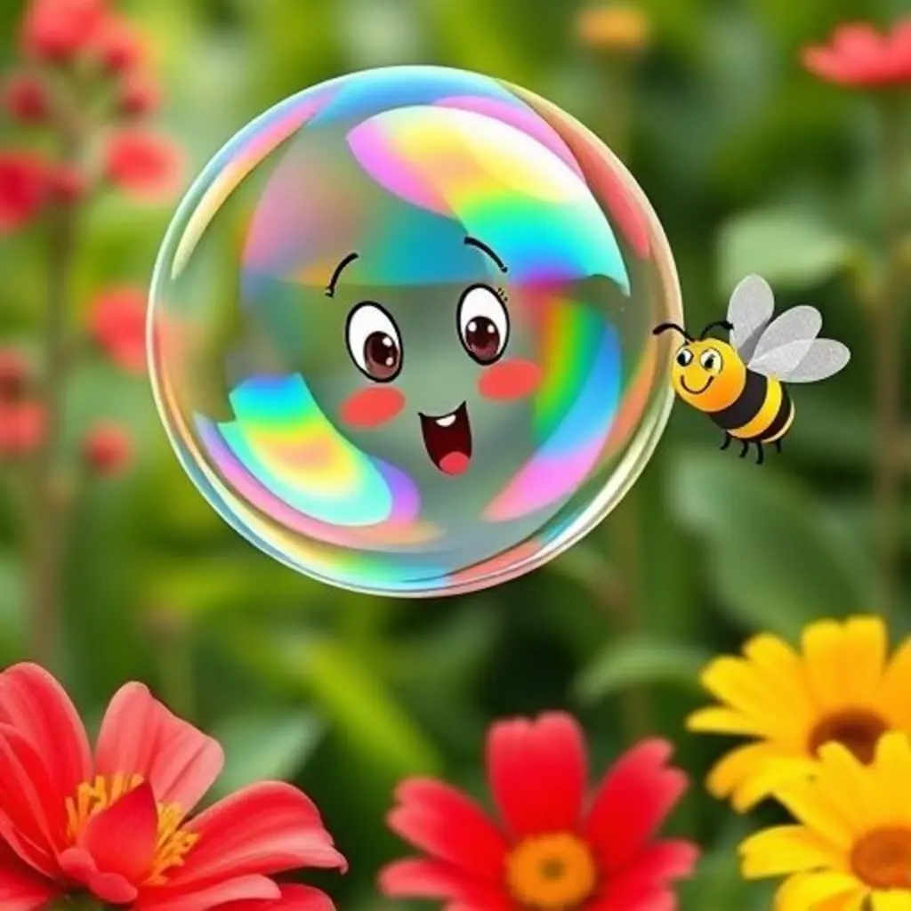 Burbuja Pompona refleja los colores de una flor roja y una flor amarilla en el jardín, mientras una abeja la observa.