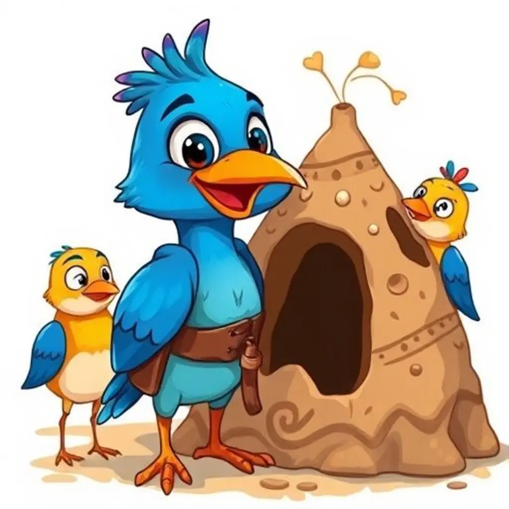 Barrito sonríe junto a su nido pintado, rodeado de otros horneros que lo admiran.