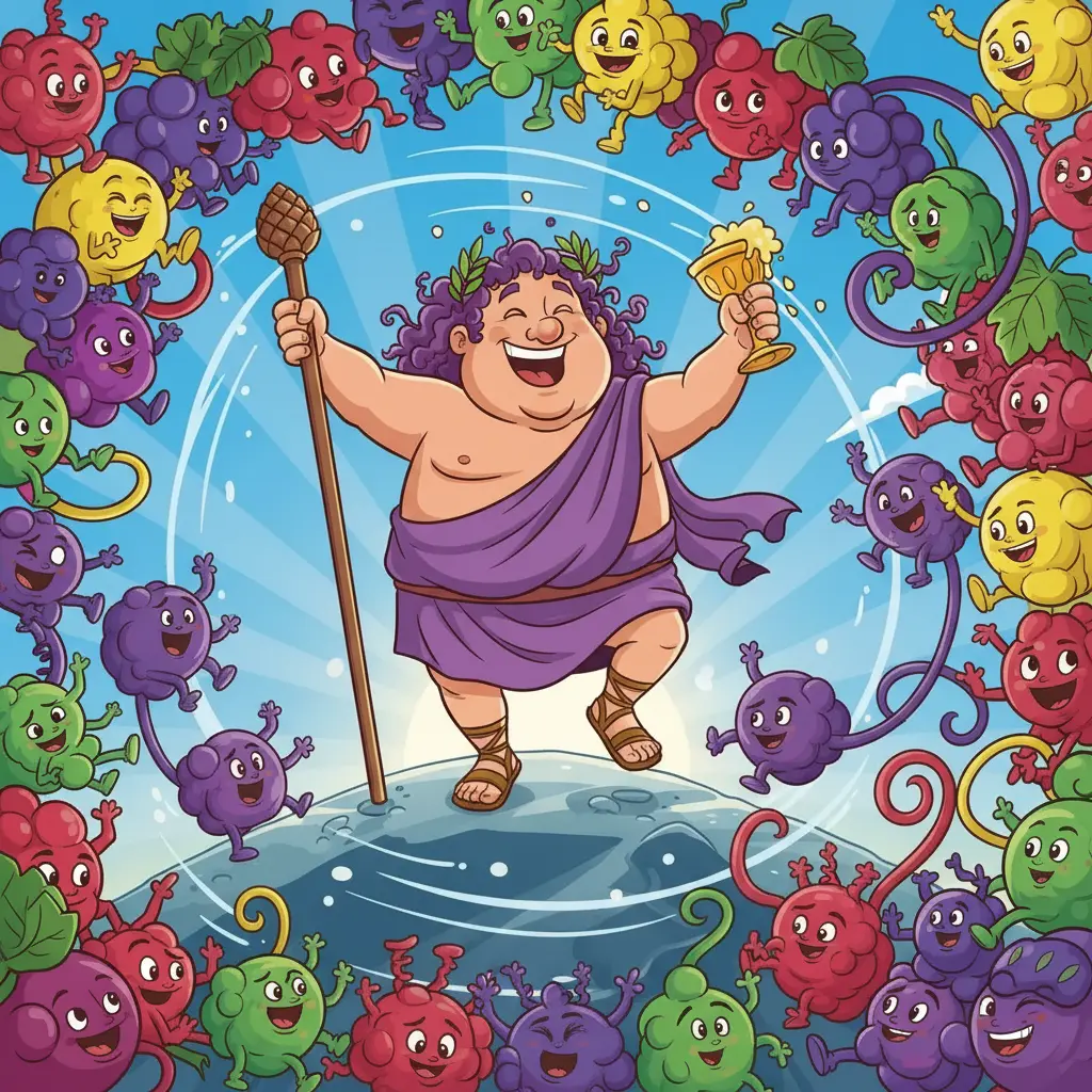 Dionisio se une a las uvas, bailando y riendo en una fiesta de saltos.