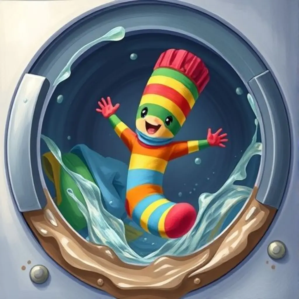 Rayas, el calcetín de rayas, gira en la lavadora creando un arcoíris líquido, mientras el agua se vuelve turbia.