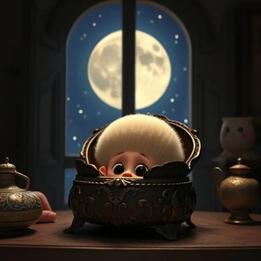 Un pincel de maquillaje triste dentro de un neceser, bajo la luz de la luna.