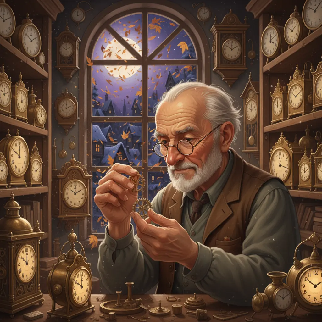 Manos del relojero reparando un mecanismo, con polvo dorado flotando.