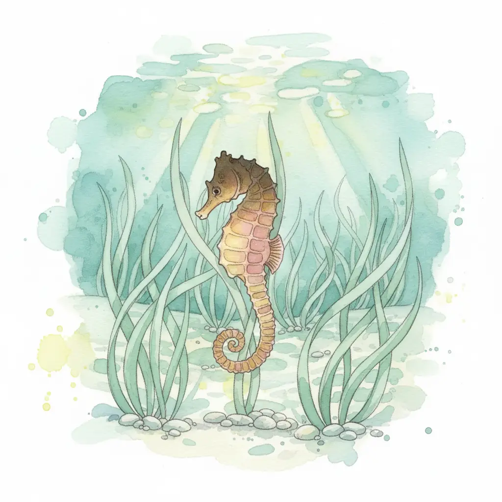 Se revela la barriga rugosa de un animalito junto a su cola enroscada en la hierba marina.