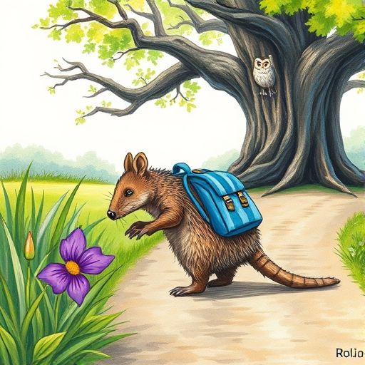Rolo sigue una flor morada hasta un roble donde está Sabio el búho.