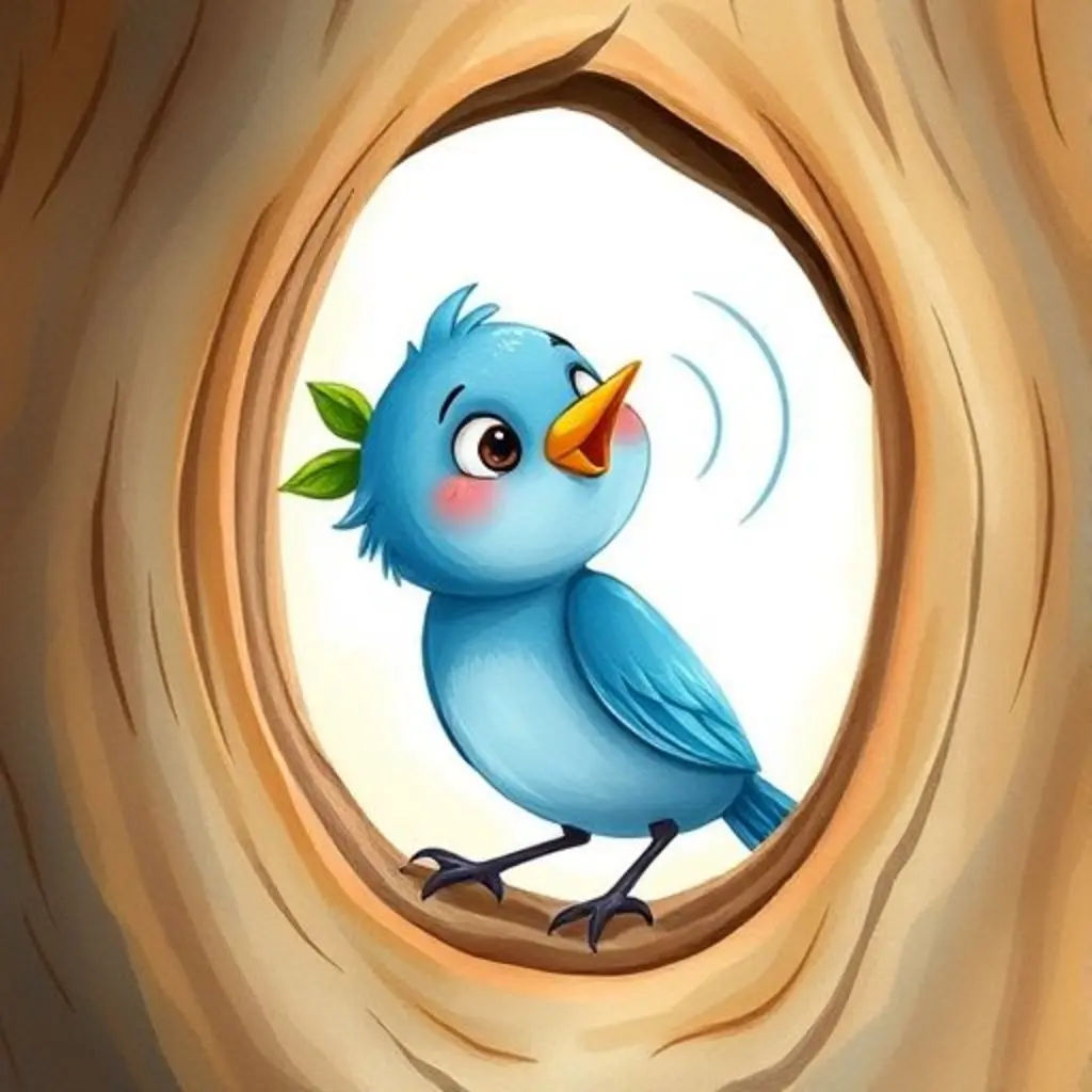 Pío dentro del árbol hueco, sorprendido por un eco que sale de su pico.