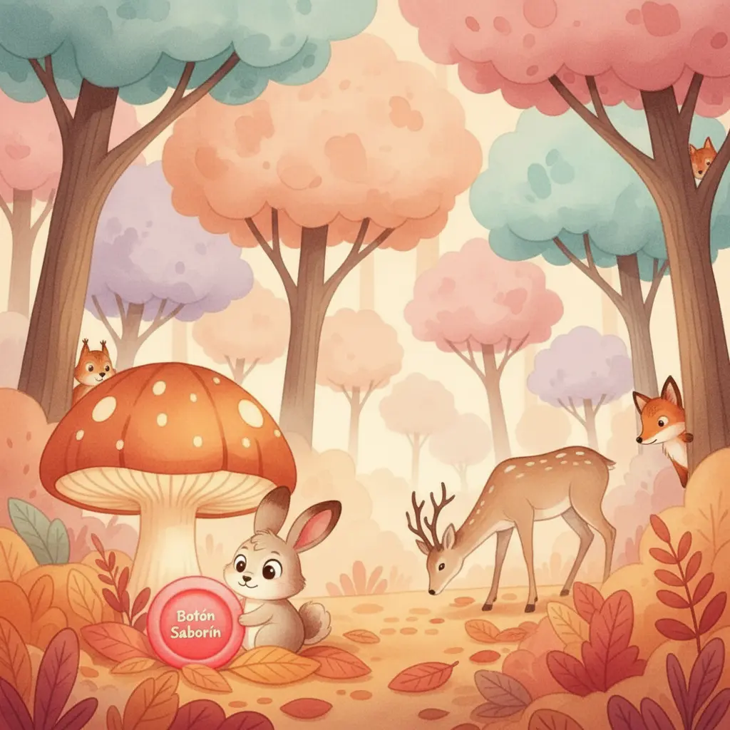 Un conejito triste toca el botón y sonríe al probar un sabor a fresa.