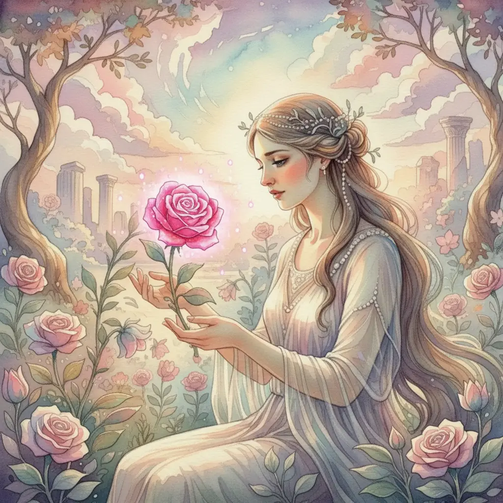 La rosa despertó, y sus pétalos brillaron con un rocío mágico de color rosado.