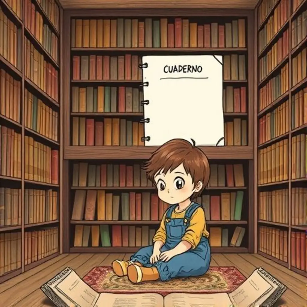 Cuaderno solo en un estante y Leo triste en el suelo de la biblioteca.