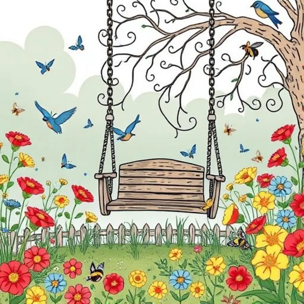 El parque olvidado se ha convertido en un jardín vibrante y lleno de flores, con el viejo columpio en el centro, rodeado de mariposas y abejas.