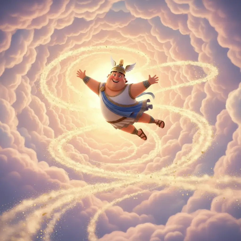 Hermes gira muy rápido, creando caminos de nubes flotantes.