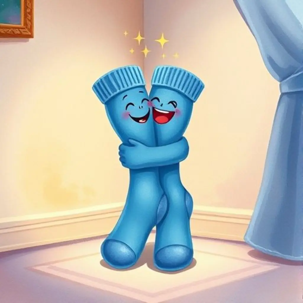 El calcetín azul abraza felizmente a su pareja encontrada en un rincón, con estrellas desvaneciéndose.