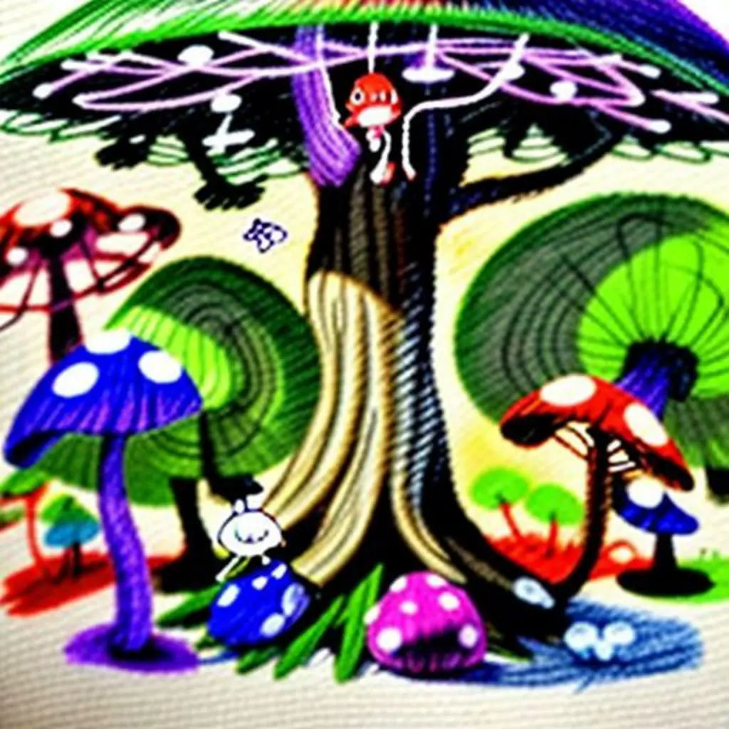 Miko, el Hongo Saltarín, un hongo rojo con lunares morados y un sombrero de hoja, salta tímidamente en un bosque alegre.