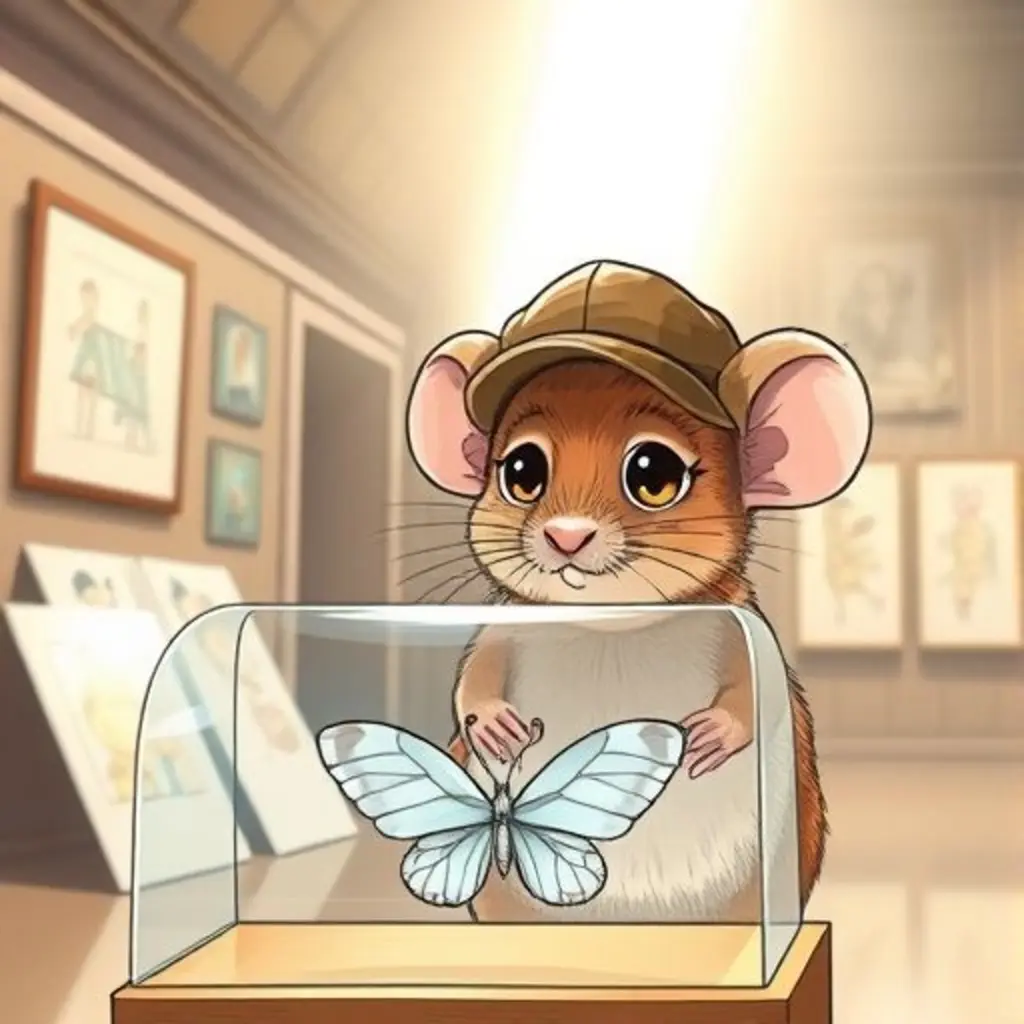 Ratón Curioso observa las alas de Aleteo y los dibujos sin color.